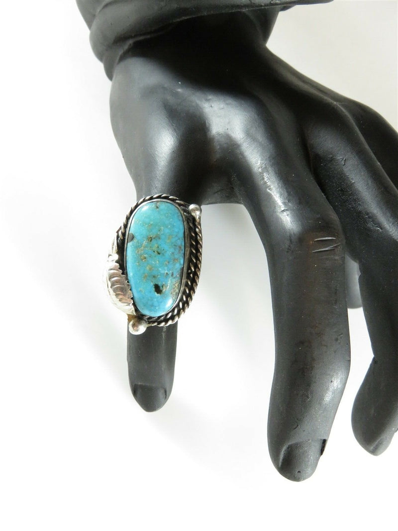 Women's Large Turquoise Sterling Silver Leaf Accented Navajo Biker Ring Size 6 - Just Stuff I Sell