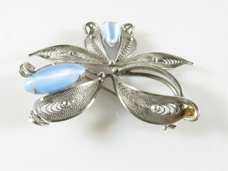 Vintage Alice Caviness Sterling Filigree Floral Blue Cats Eye Glass Brooch - Just Stuff I Sell