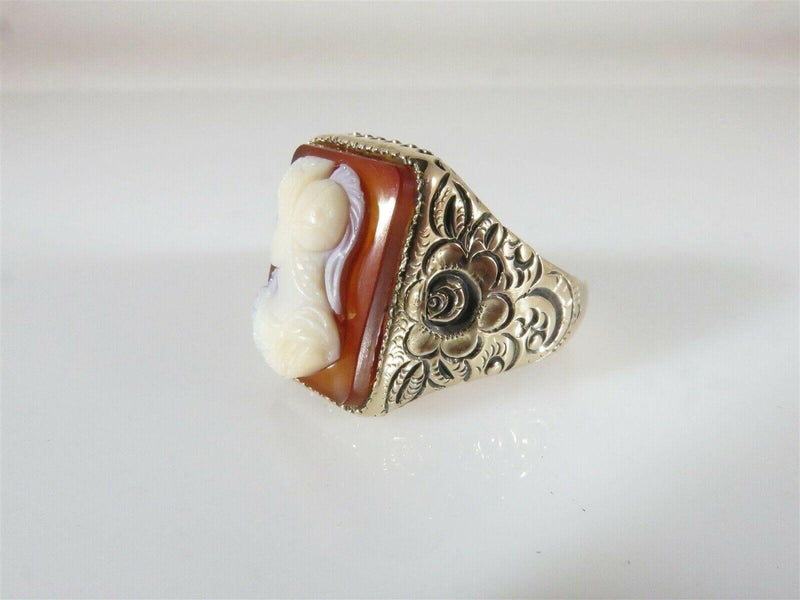 Lovely Victorian Carved Hardstone Soldier Pinky Ring Floral Etched Band 10K - Just Stuff I Sell