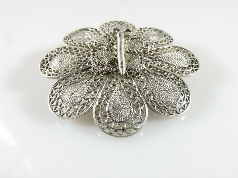 Unusual Lovely 800 Silver Filigree Flower Brooch with Butterfly in the Center - Just Stuff I Sell