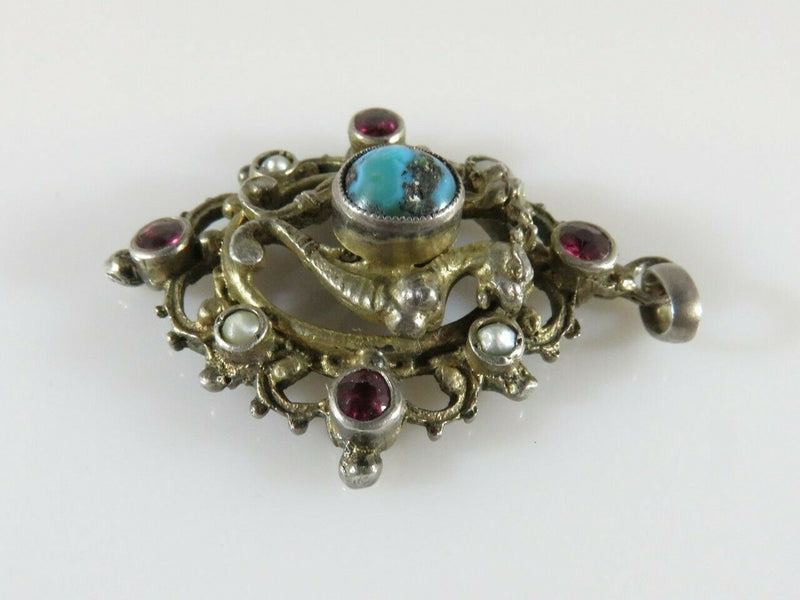 Sterling Dragon Pendant Austro Hungarian Revival Tourmaline, Pearl & Cabochon Turquoise - Just Stuff I Sell