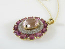 14K Gold Oval Morganite Diamond Accented Amethyst Surround Pendant & Rope Chain - Just Stuff I Sell