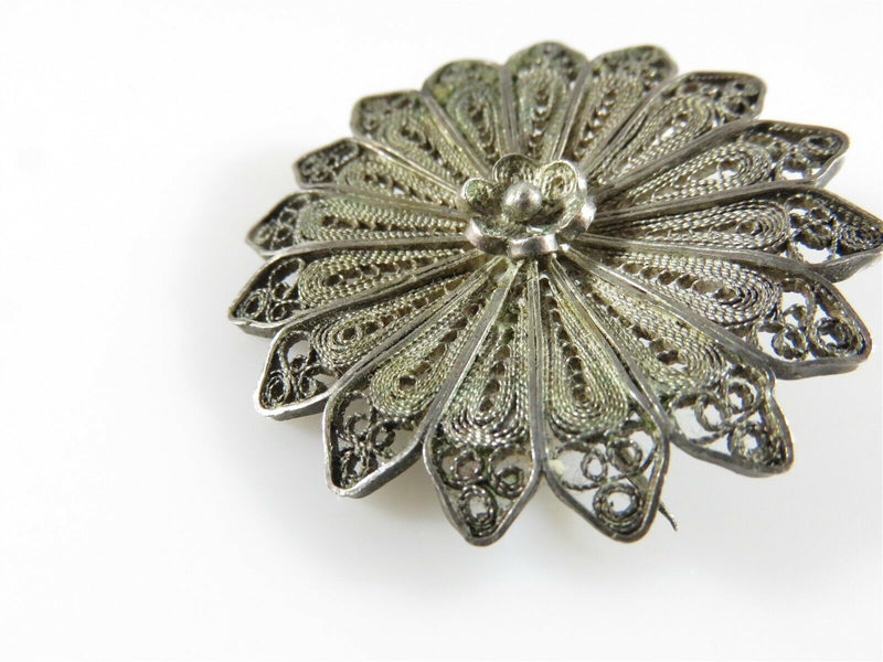 Antique Sterling Silver Filigree Middle Eastern Flower Brooch 1 1/2" - Just Stuff I Sell