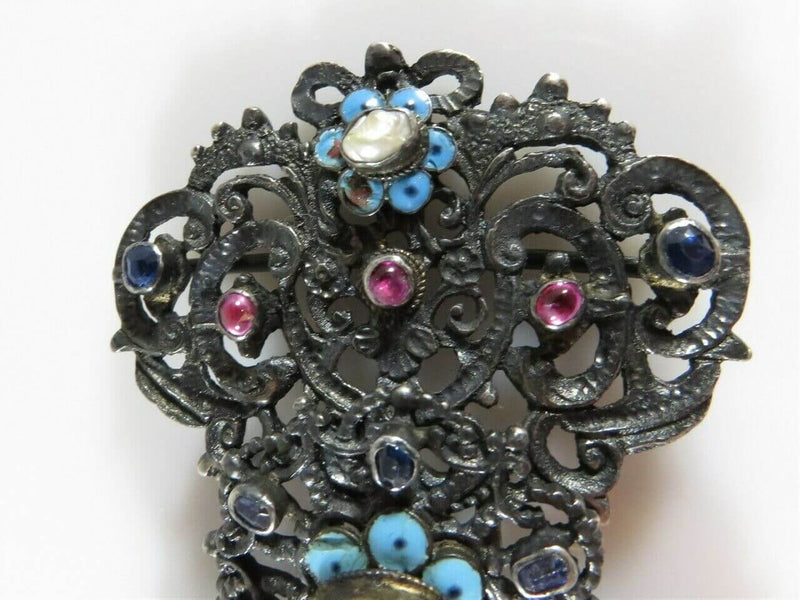 Austro Hungarian Cabochon Rubies, Oval Blue Sapphires, Cream Pearls Belt Buckle - Just Stuff I Sell