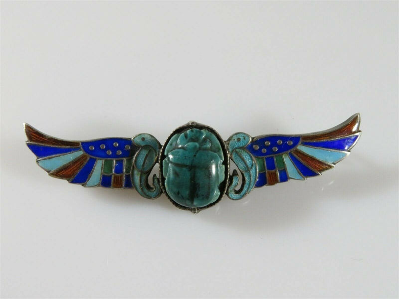 Antique Egyptian 800 Silver Enameled Scarab Brooch Enameled Wings of Horus - Just Stuff I Sell