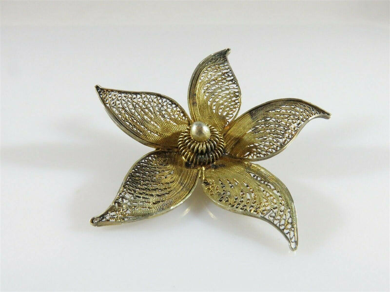 Lovely Chinese Export Gilt Sterling Silver Pierced Filigree Flower Brooch 2 Inches - Just Stuff I Sell