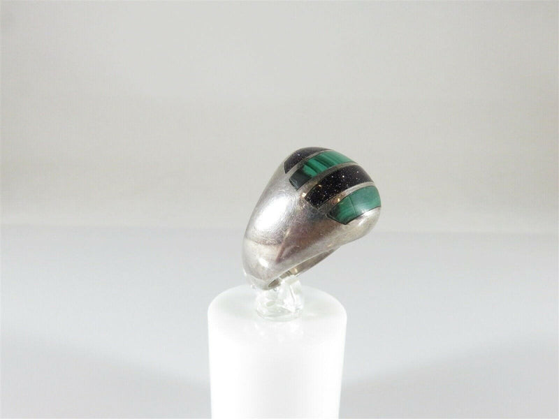 Malachite & Black Inlay Sterling Silver Ring Ring Size 7.5 - Unisex - Taxco Ring - Just Stuff I Sell