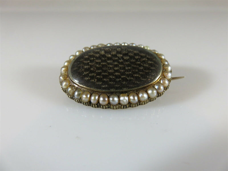 Mourning Brooch E.M.B. Dec. 10th 1855 Dark Brown Hair 10K Gold Pearl Accent - Just Stuff I Sell