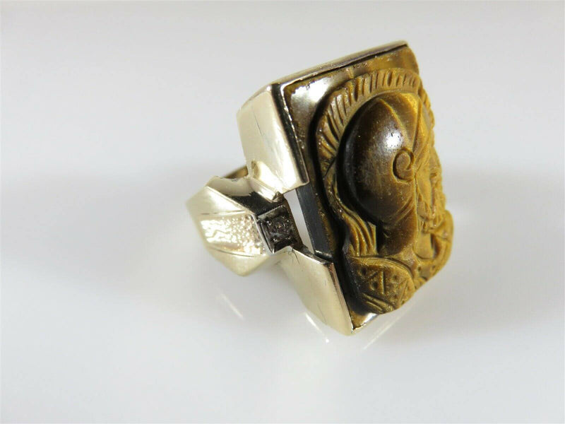 Carved Roman Soldiers In Profile 10K Gold Tigers Eye Diamond Ring Size 11.5 - Just Stuff I Sell