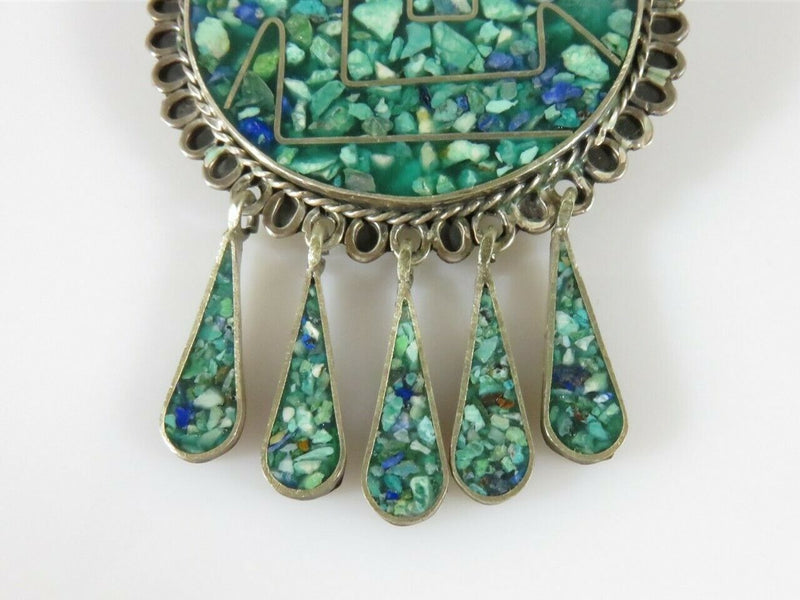 Taxco Crushed Turquoise Lapis Aztec Themed Brooch Pendant Sterling Silver - Just Stuff I Sell