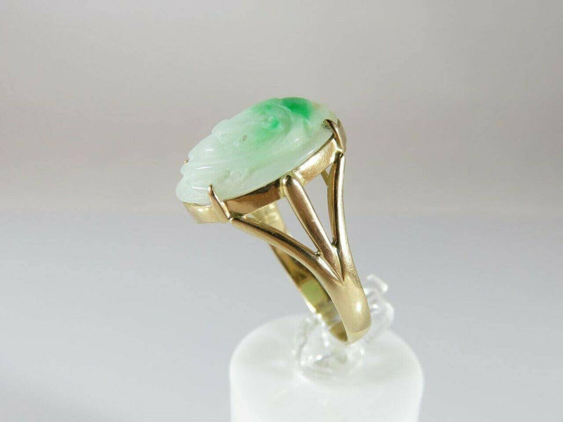 14K Gold Carved White Jadeite Jade with Green Nephrite Highlights Size 8.75 - Just Stuff I Sell