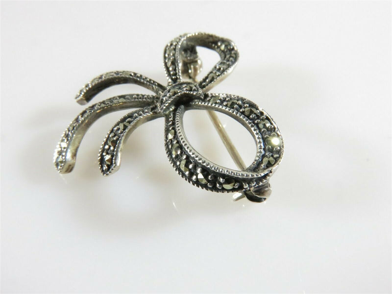 Marcasite Sterling Silver Bow Brooch Scarf Pin 1" x 1" 3.5 Grams 925 ACi - Just Stuff I Sell