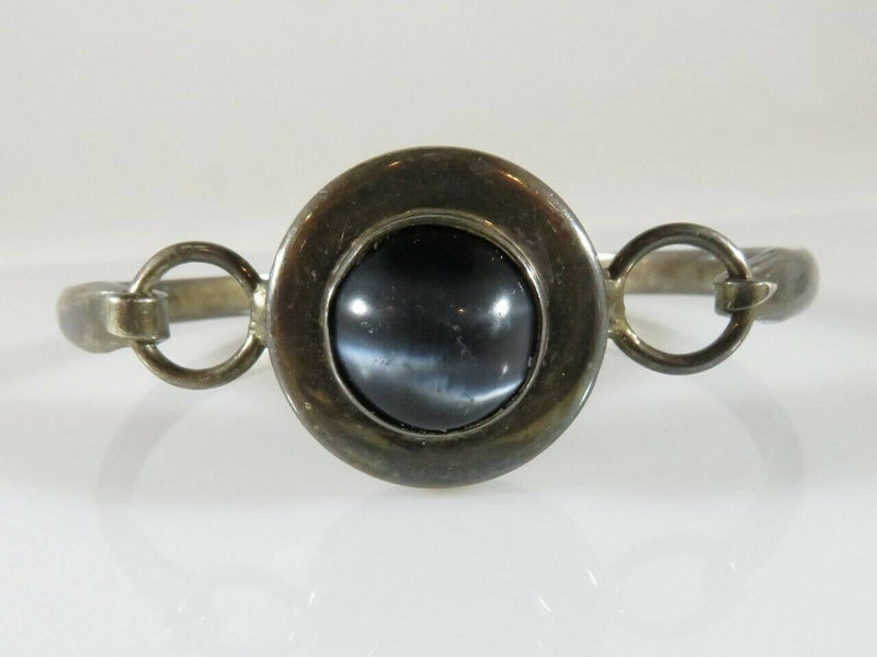 Lovely Vintage Taxco Mexico Sterling Silver Bracelet Black Glass Cabochon 7" - Just Stuff I Sell