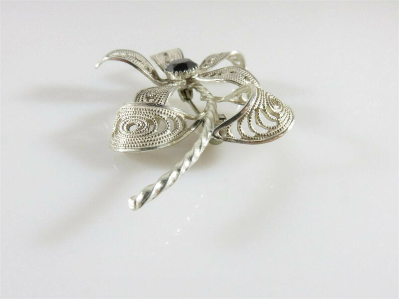 Lovely Sterling Silver Wire Filigree Twisted Wire Brooch Faceted Hematite Stone - Just Stuff I Sell