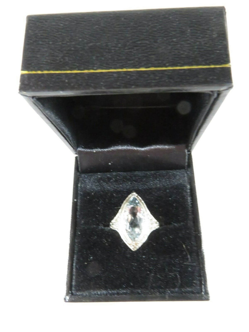 18K White Gold Filigree Navette Marquise Aquamarine Art Deco Ring Size 6 - Just Stuff I Sell