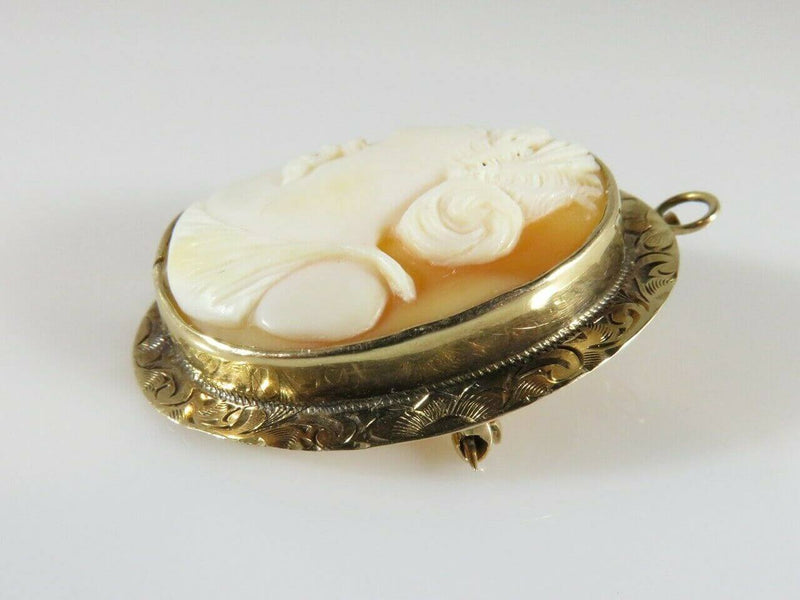 Left Facing Carved Shell Cameo Brooch with Pendant Loop 4 Repair 10K Etched Gold - Just Stuff I Sell