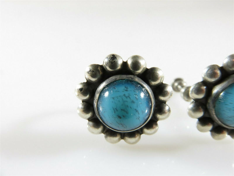 Vintage Southwestern Blue Glass Sterling Flower Screwback Earrings Taxco Style - Just Stuff I Sell