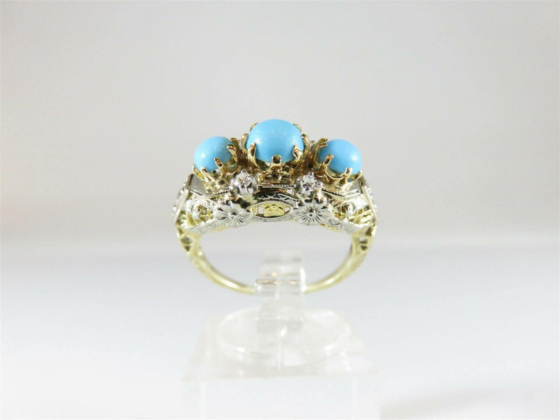 Antique 14K Yellow White Filigree Turquoise Diamond Art Nouveau Ring Size 4.75 - Just Stuff I Sell