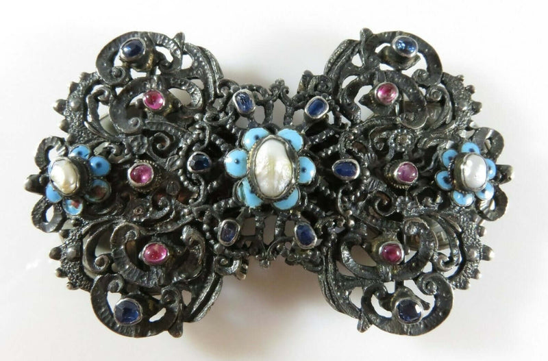 Austro Hungarian Cabochon Rubies, Oval Blue Sapphires, Cream Pearls Belt Buckle - Just Stuff I Sell