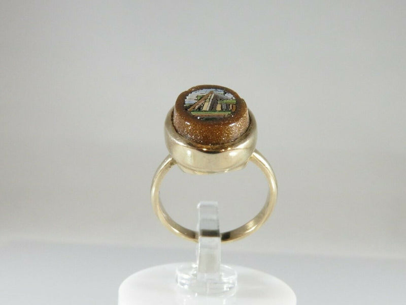 Victorian Grand Tour Souvenir 9K Gold Micro Mosaic & Goldstone Ring Size 3.25 - Just Stuff I Sell