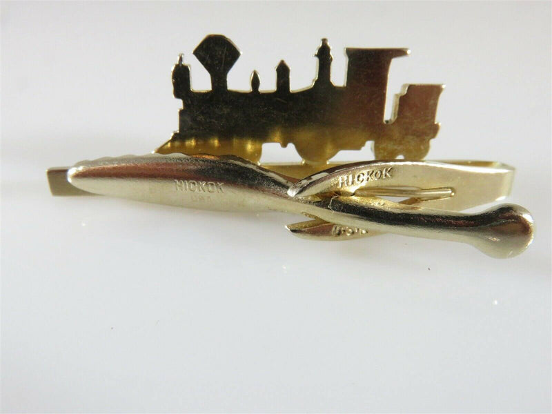Hickok Locomotive Train Tie Clip Tie Bar Clasp Vintage Balfour Gold Tone Metal - Just Stuff I Sell