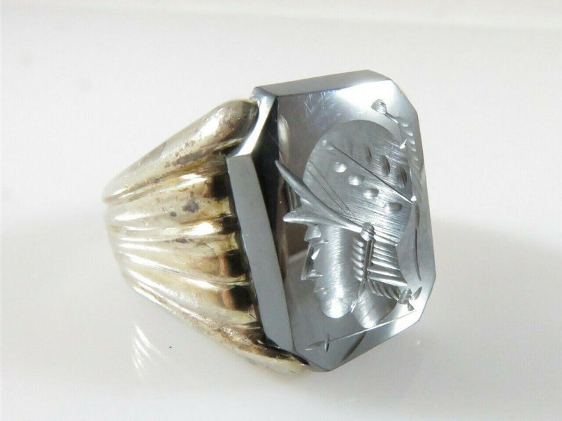 Fabulous Roman Soldier Intaglio Hematite 900 Silver Mid Century Ring Size 9 1/2 - Just Stuff I Sell