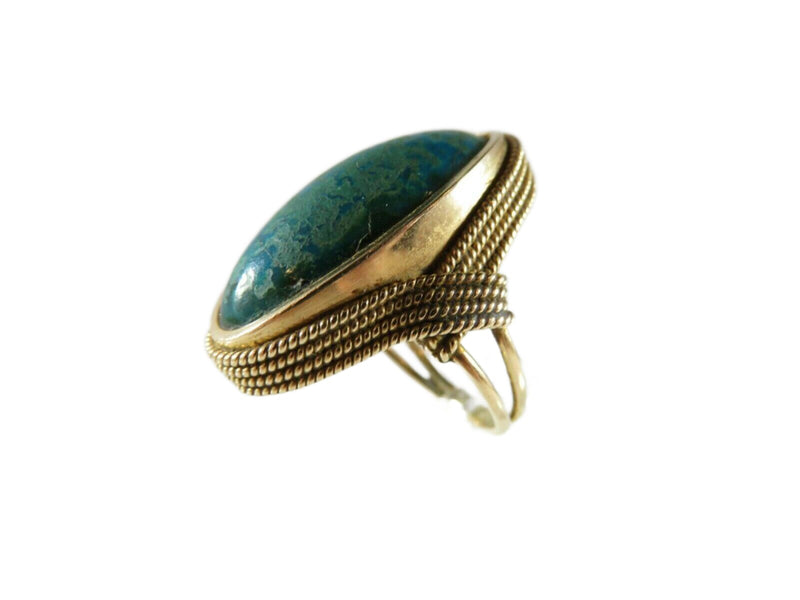 Antique 18K Yellow Gold Wire Wrapped Cabochon Chrysocolla Ring Size 6.5 - Just Stuff I Sell