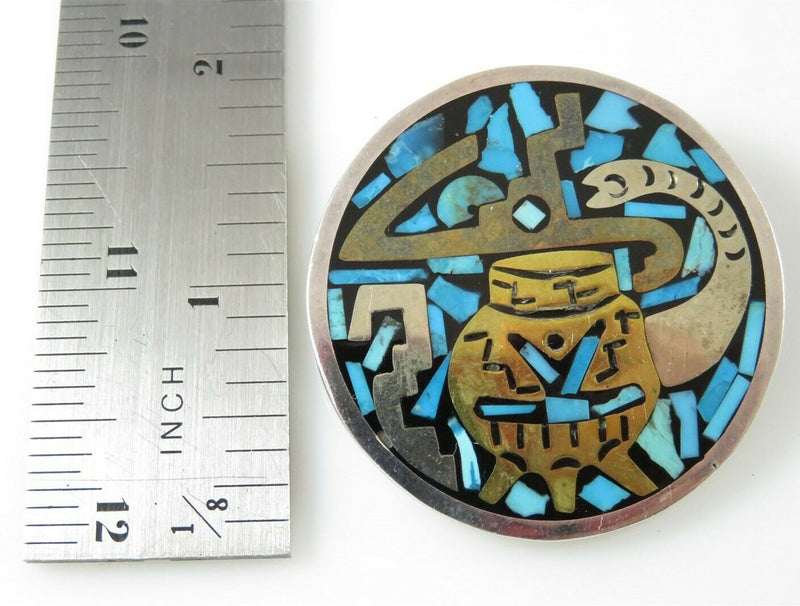 Taxco TC-7 Sterling Silver Mexico Inlaid Brooch Pendant Turquoise Copper Silver - Just Stuff I Sell