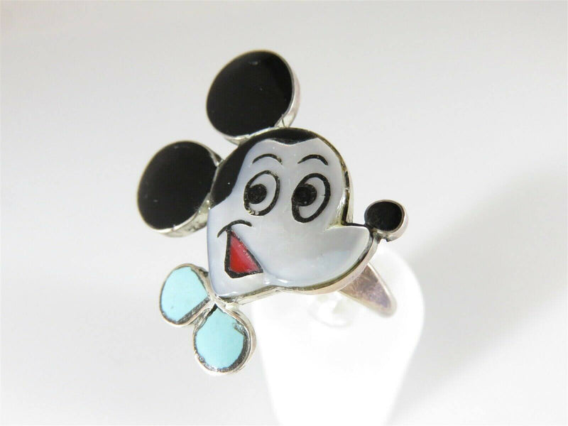 Circa 60's Sterling Zuni NM Inlaid Mickey Mouse Ring Size 9 Signed SS - Just Stuff I Sell
