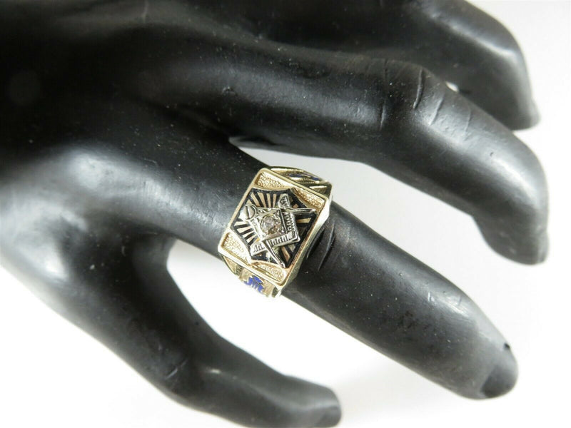 Masonic Ring 10K Gold Diamond Art Deco, Black, Blue Enamel, Old Mine Cut - Just Stuff I Sell