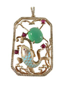 Rose Gold Gilt Sterling Enamel Koi Fish Jade Pink Sapphire Rhinestone Surround — Jewelry & Watches:Fine Jewelry:Fine Necklace