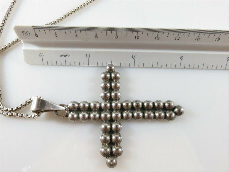 Vintage Beaded Cross 3" x 2" with 24" Box Chain HOB Mexico Sterling Silver - Just Stuff I Sell