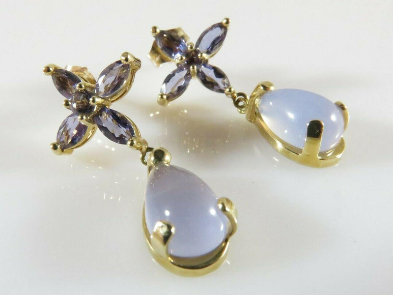 Lovely Tanzanite & Blue Moonstone Teardrop Dangle Earrings Floral 14K Gold - Just Stuff I Sell