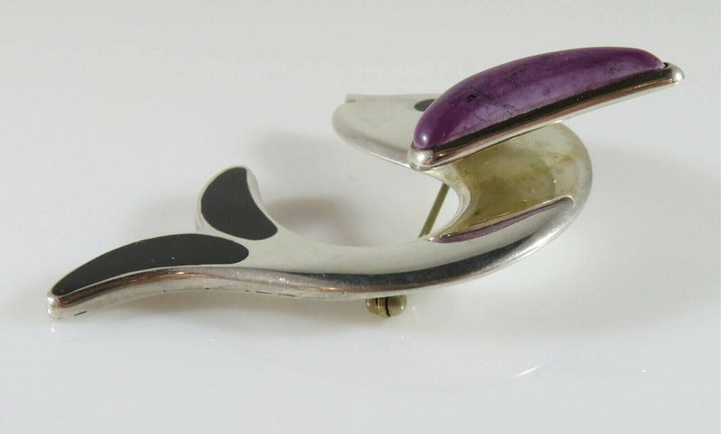 Beautiful Taxco Sterling Silver Flying Fish Black Inlay and Purple Stone TR-115 - Just Stuff I Sell