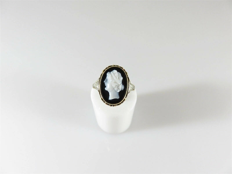 Antique Art Nouveau Carved Onyx Cameo Ring 14K Yellow White Gold Size 5.5 - Just Stuff I Sell