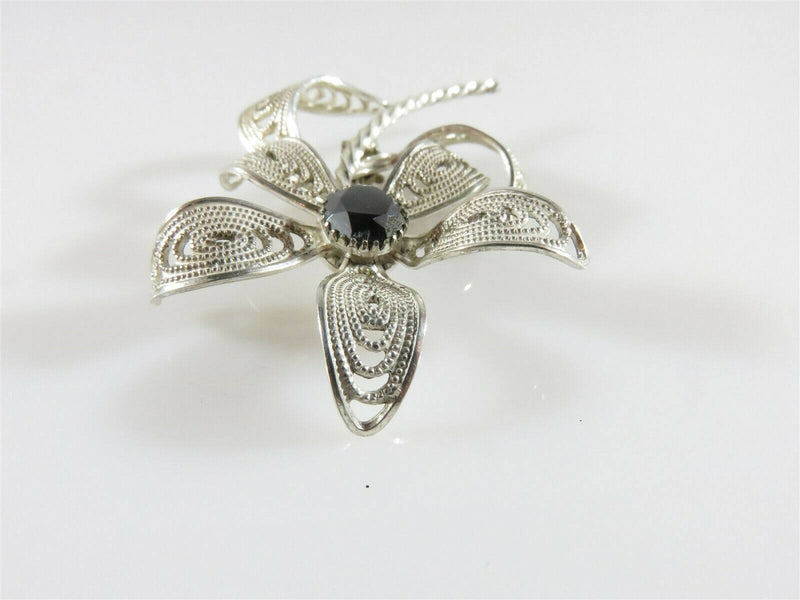 Lovely Sterling Silver Wire Filigree Twisted Wire Brooch Faceted Hematite Stone - Just Stuff I Sell