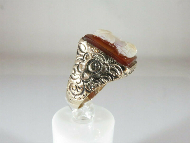 Lovely Victorian Carved Hardstone Soldier Pinky Ring Floral Etched Band 10K - Just Stuff I Sell