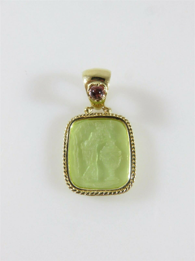 Lovely 14K Yellow Gold Greek Themed Intaglio Pendant Pink Tourmaline Accented - Just Stuff I Sell