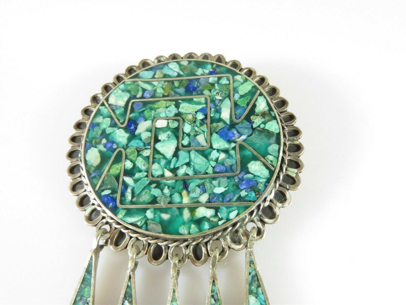 Taxco Crushed Turquoise Lapis Aztec Themed Brooch Pendant Sterling Silver - Just Stuff I Sell