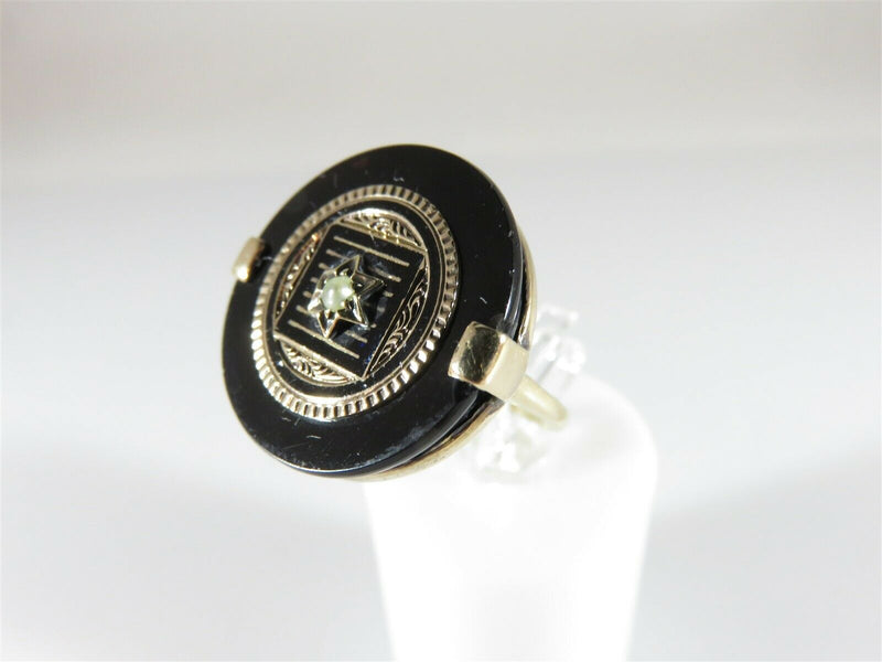 Unique Victorian Solid Gold Enameled Gold Round Onyx Seed Peal Gothic Ring Sz 4 - Just Stuff I Sell