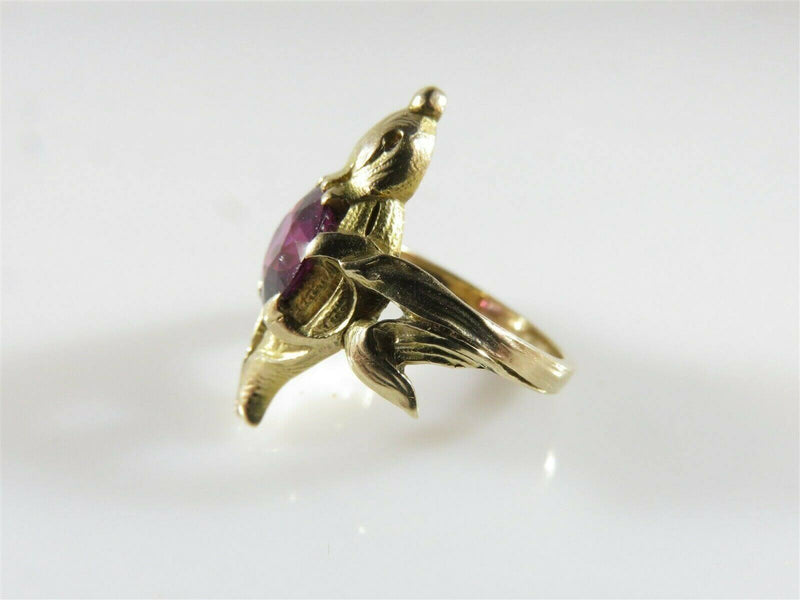 Antique OOAK Figural 14K Bird Ring With Pink Paste Stone OEC Size 3.25 - Just Stuff I Sell