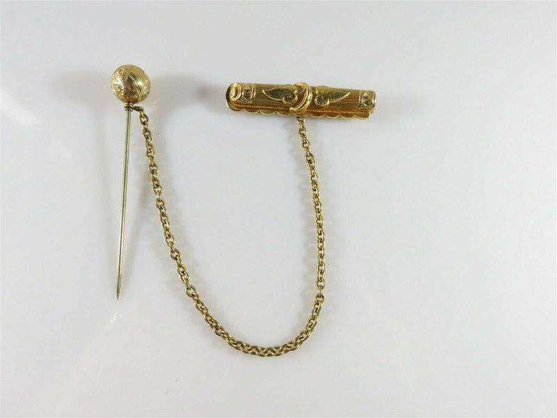 Unusual Victorian 14K Gold Filled Hat Pin with Hat Bar Pin & Chain Assembly - Just Stuff I Sell