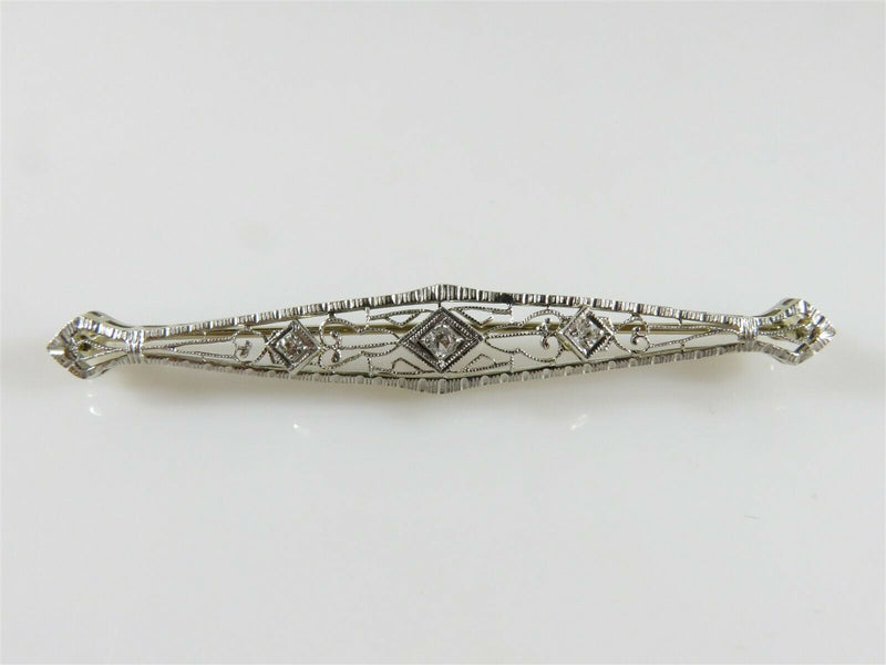 Nice 14K Art Deco White Gold Diamond Pierced Filigree Bar Bin Brooch - Just Stuff I Sell