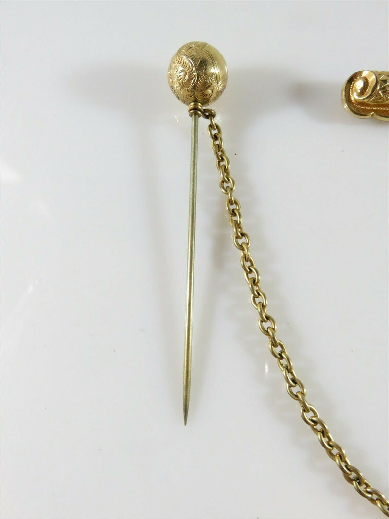Unusual Victorian 14K Gold Filled Hat Pin with Hat Bar Pin & Chain Assembly - Just Stuff I Sell