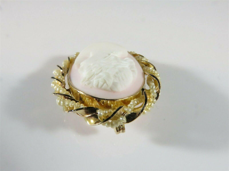 Art Nouveau Rosalyn Shell Cameo Seed Pearl & Enamel Brooch Pendant - Just Stuff I Sell