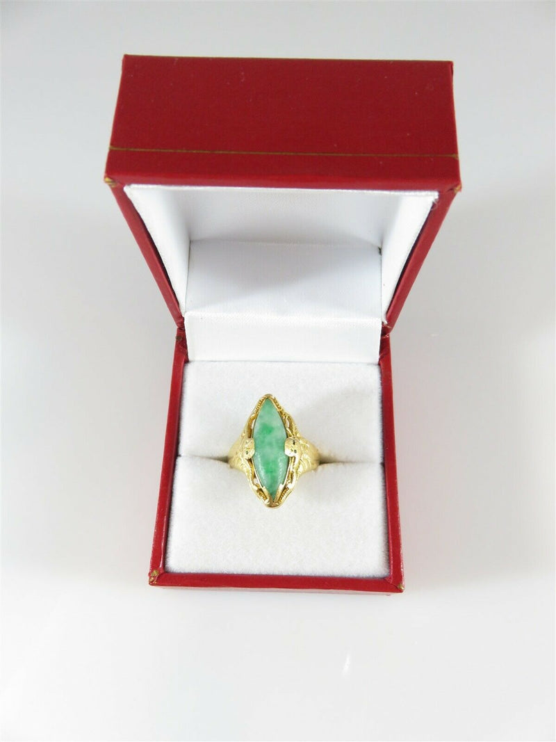 Solid Antique 20K Gold Navette Green White Nephrite Jade Ring Size 5 1/2 - Just Stuff I Sell