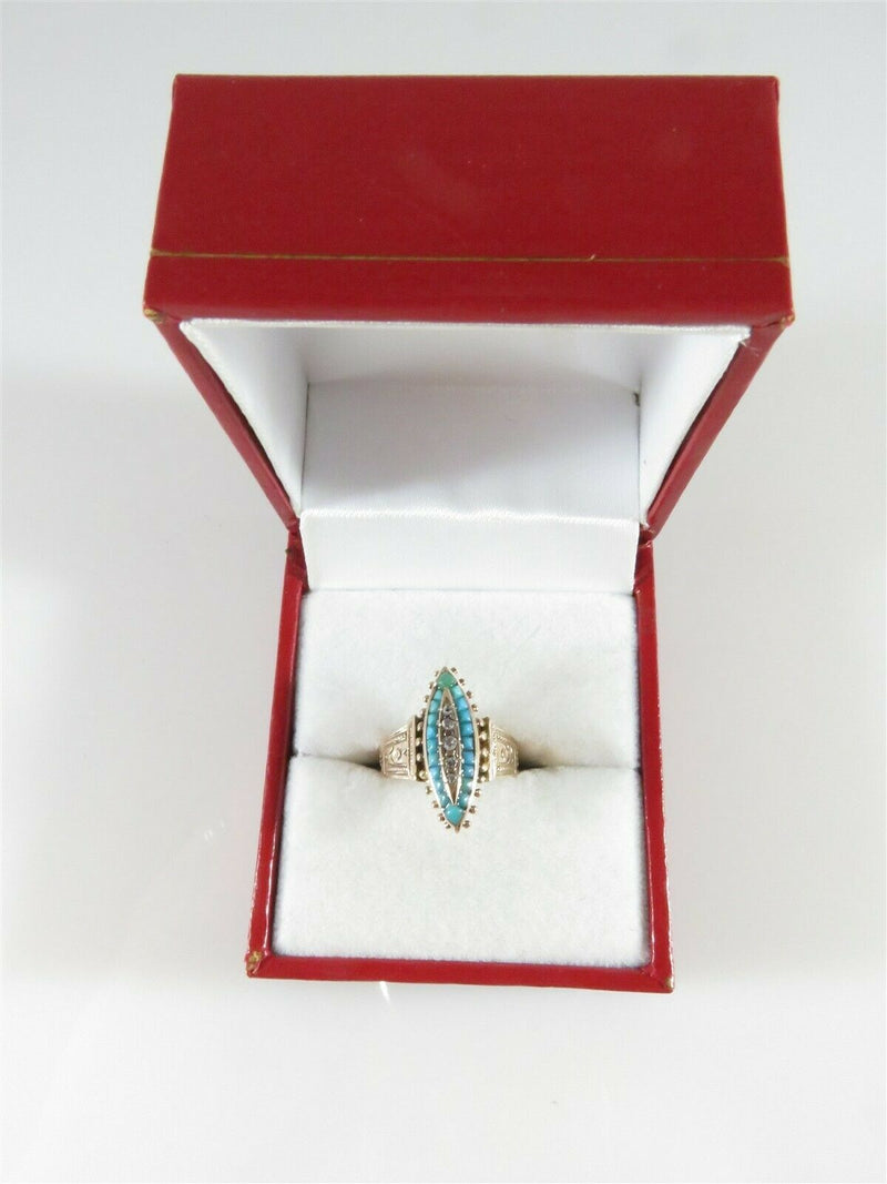 Victorian 14K Rose Gold Navette Ring Persian Turquoise Rose Cut Diamonds - Just Stuff I Sell