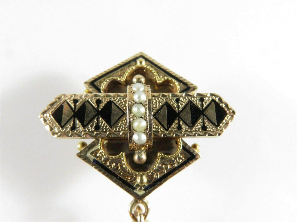 10K Gold Victorian Necklace Watch Slide with Seed Pearls, Enamel & Cha