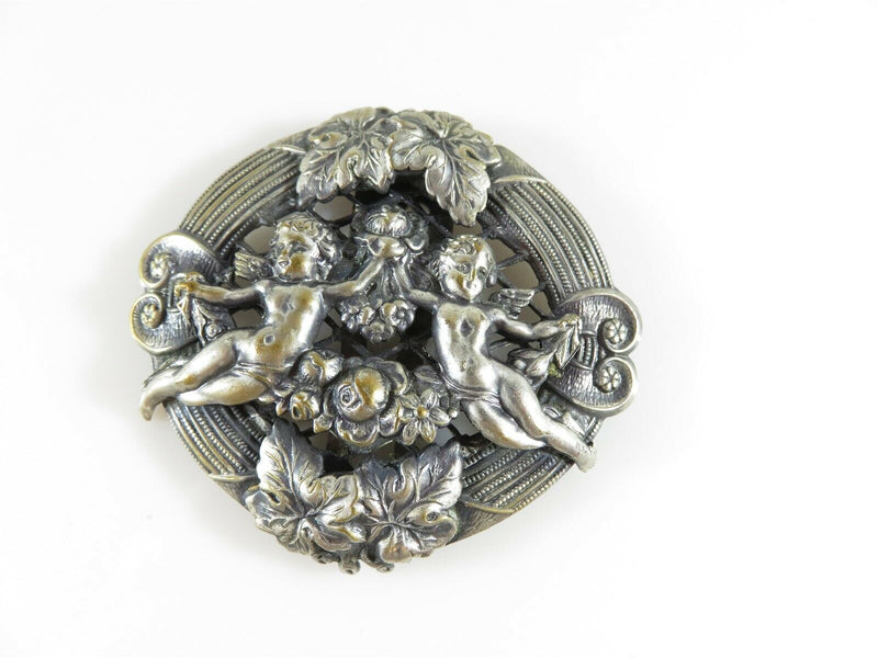Vintage Art Nouveau Style Pressed Metal Repousse Scarf Clip with Cherubs - Just Stuff I Sell