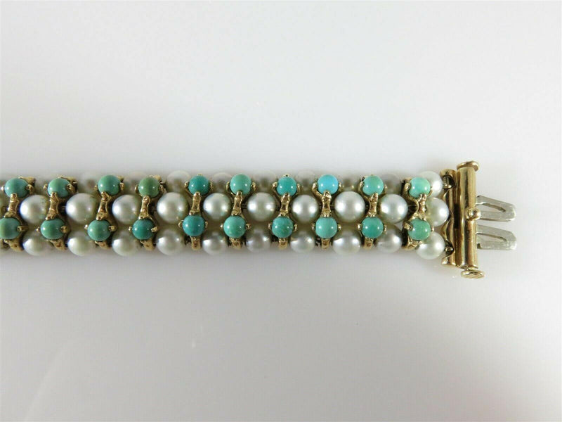 Beautiful 83 Pearl 52 Turquoise 7" TL Bracelet 14K Yellow Gold Setting 33.4 Gram - Just Stuff I Sell